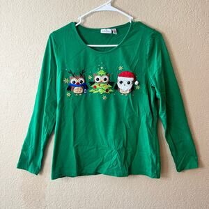 EUC-Women's Green Long Sleeve Christmas Owl Shirt - Size: PM